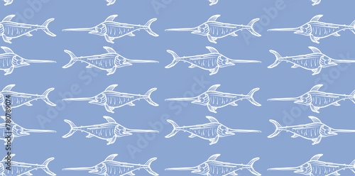 Swordfish seamless pattern on light blue background. Ocean fish outline wallpaper. Design for culinary branding, maritime artwork.