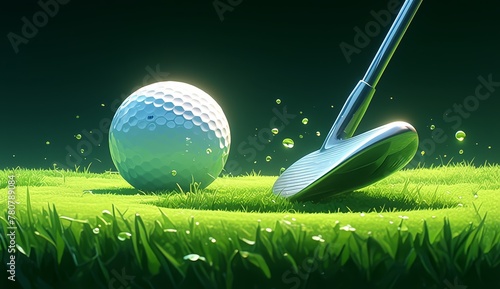 Golf ball and club on the tee box with green grass background banner design, concept for golf sport event  photo