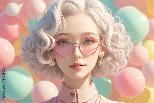 Beautiful woman with white curly hair in pink glasses against a background of many small balls