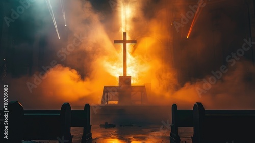 Dramatic Silhouetted Cross Amid Fiery Celestial Display in the Night Sky photo