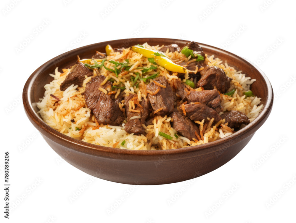 Beef Biryani isolated on transparent png background. Generative ai