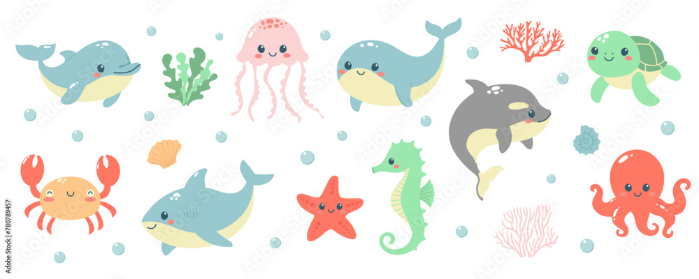 Hand drawn set of sea life animals. Marine life elements. Template for stickers, baby shower, greeting cards and invitation. Isolated vector illustration. Hand drawn set of sea life animals. Marine life elements. Template for stickers, baby shower, greeting cards and invitation. Isolated vector illustration.