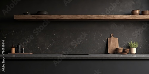 Black marble countertop with blurred interior of a modern kitchen in the background © Photo And Art Panda