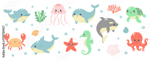 Hand drawn set of sea life animals. Marine life elements. Template for stickers  baby shower  greeting cards and invitation. Isolated vector illustration. 