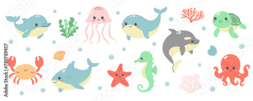 Hand drawn set of sea life animals. Marine life elements. Template for stickers, baby shower, greeting cards and invitation. Isolated vector illustration. 