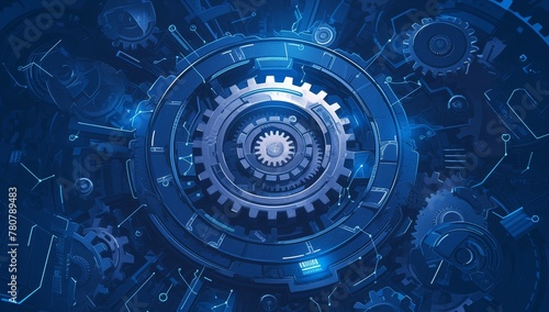 Blue gear on digital technology background with gears and circuit board elements, symbolizing the integration of machine learning in complex systems for industry innovation. 