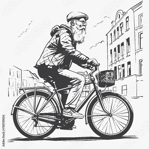 Old man riding a bicycle in a city