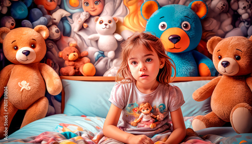 Portrait of a cute touching girl on the bed in the children s room