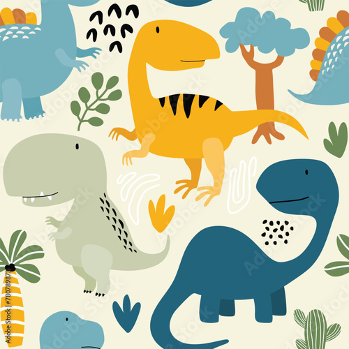Cute cartoon seamless pattern with dinosaurs and palm tree and cactus  in scandinavian style. Creative vector childish background © dwi