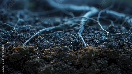 Close up of a fungal network under the soil, capturing the unseen communication between plants.