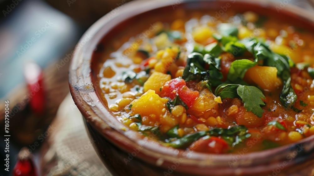 Indian dish: Sambar, made of lentils with tomatoes, with the addition of other vegetables. Indian dish: Sambar, made of lentils with tomatoes, with the addition of other vegetables.