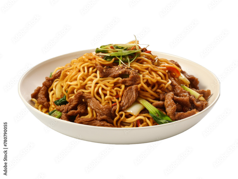 Beef Chow Mein isolated on transparent png background. Generative ai