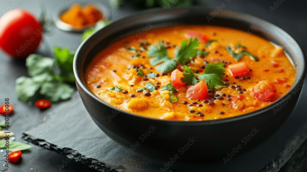 Indian dish: Sambar, made of lentils with tomatoes, with the addition of other vegetables. 