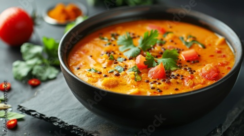 Indian dish: Sambar, made of lentils with tomatoes, with the addition of other vegetables. 