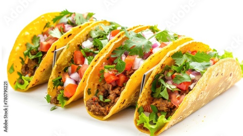 Close-up of delicious tacos filled with fresh vegetables on white background, showcasing appetizing colors and textures, space for text.