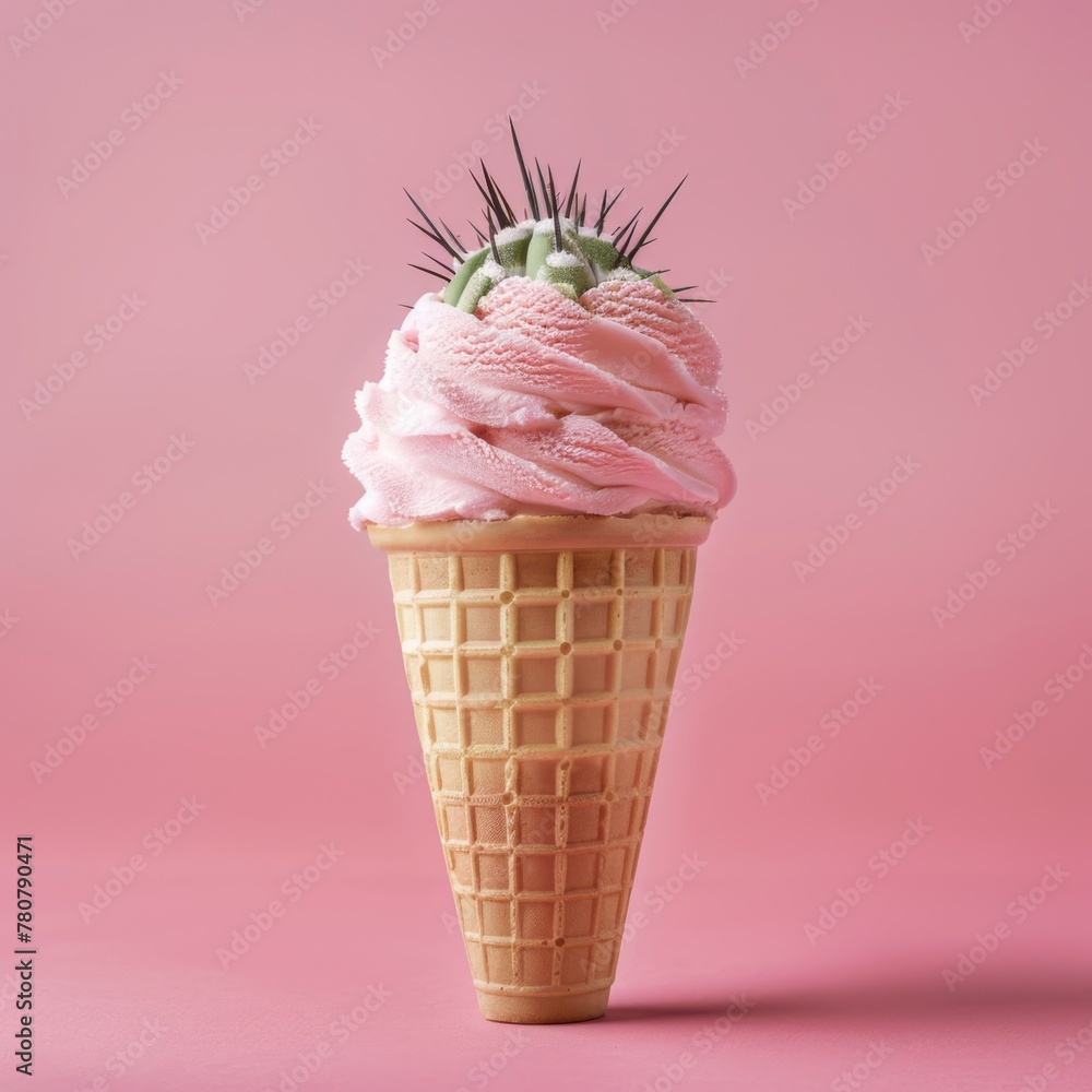 Product photography of a ice cream cone with a round cactus with large spines, isolated pastel color background
Product photography of a ice cream cone with a round cactus with large spines, isolated pastel color background