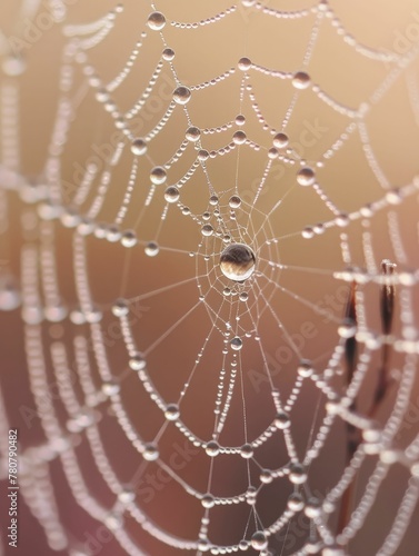 Close up on the formation of dew on a spider web, capturing the delicate balance of water droplets.