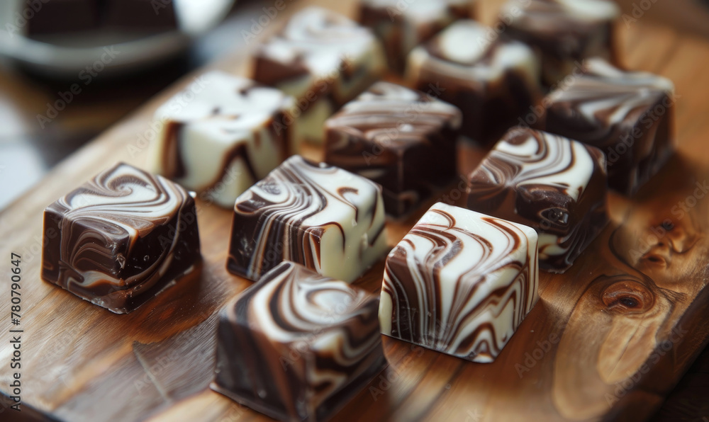 Marbled lines white and milk chocolates on a board Marbled lines white and milk chocolates on a board