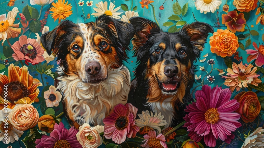 Custom pet portrait artist painting with a palette of rainbows, pets posing with oversized flowers