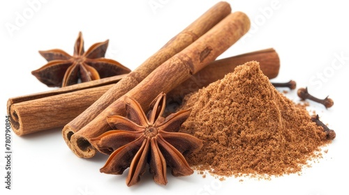 Close-up of dry cinnamon sticks, powder, and anise star isolated on white, showcasing their aromatic essence and culinary potential, space for text. © pvl0707