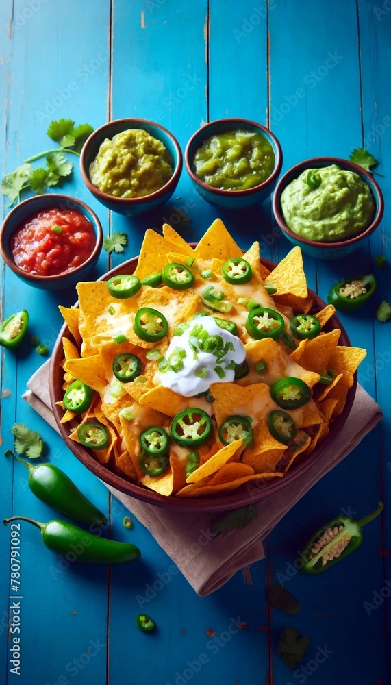 Fototapeta premium Bowl of nachos with sour cream and guacamole
