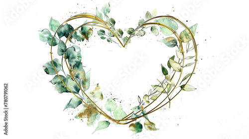 golden heart shaped wreath with green leaves in watercolor painting design