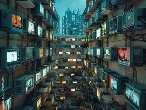 A thoughtprovoking scene from above, featuring individuals living in futuristic highrise apartments surrounded by intrusive surveillance technology Highlight the theme of diminishing privacy photo