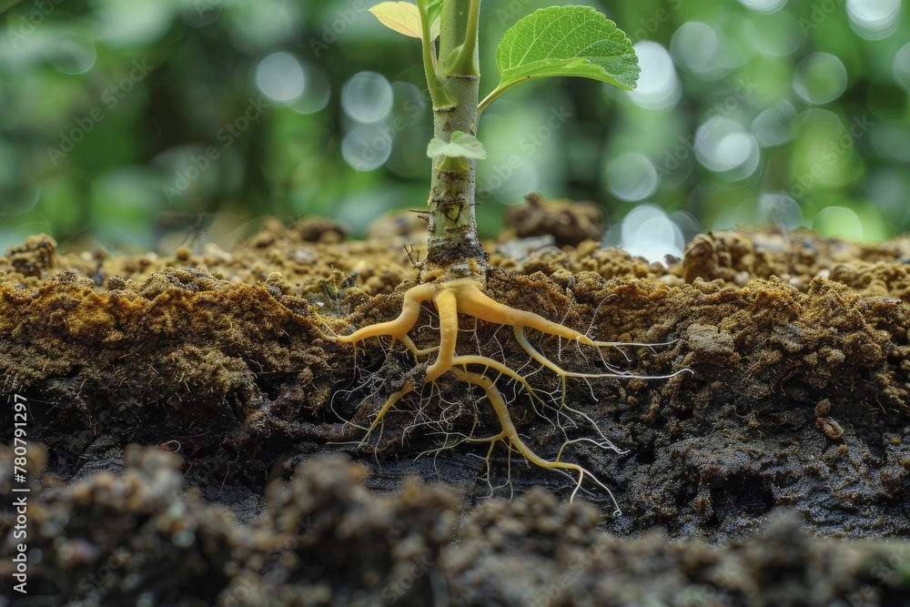 Exploring the intricate relationship between plant roots and mycorrhizal fungi, highlighting their symbiotic connection. - obrazy, fototapety, plakaty 