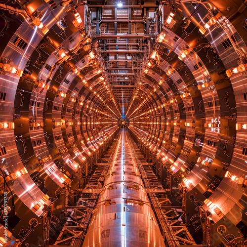 A long, narrow room with many large metal tubes. The tubes are lit up, giving the room a bright and industrial feel