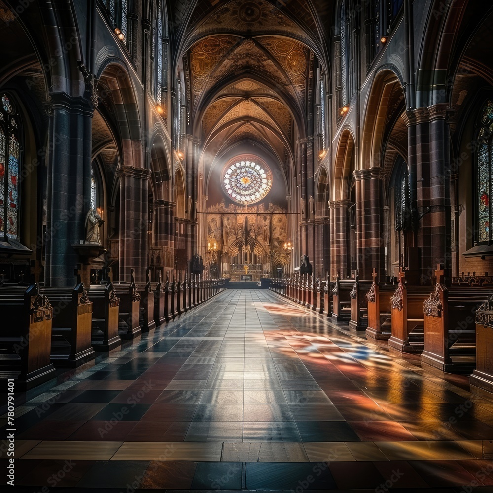 Majestic Cathedral Interior with Ornate Gothic Architecture and Stained Glass Windows Bathed in Ethereal Light