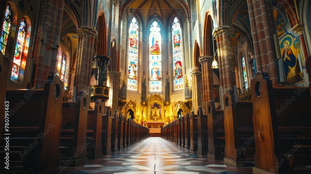 Majestic Gothic Cathedral Interior with Stained Glass and Ornate Architectural Elements