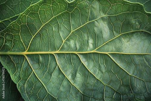 Detailed view of the surface of a leaf, emphasizing the network of veins and photosynthetic cells. photo