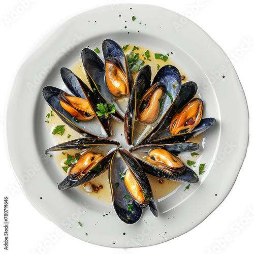 Mussels on a plate with garlic sauce. 
