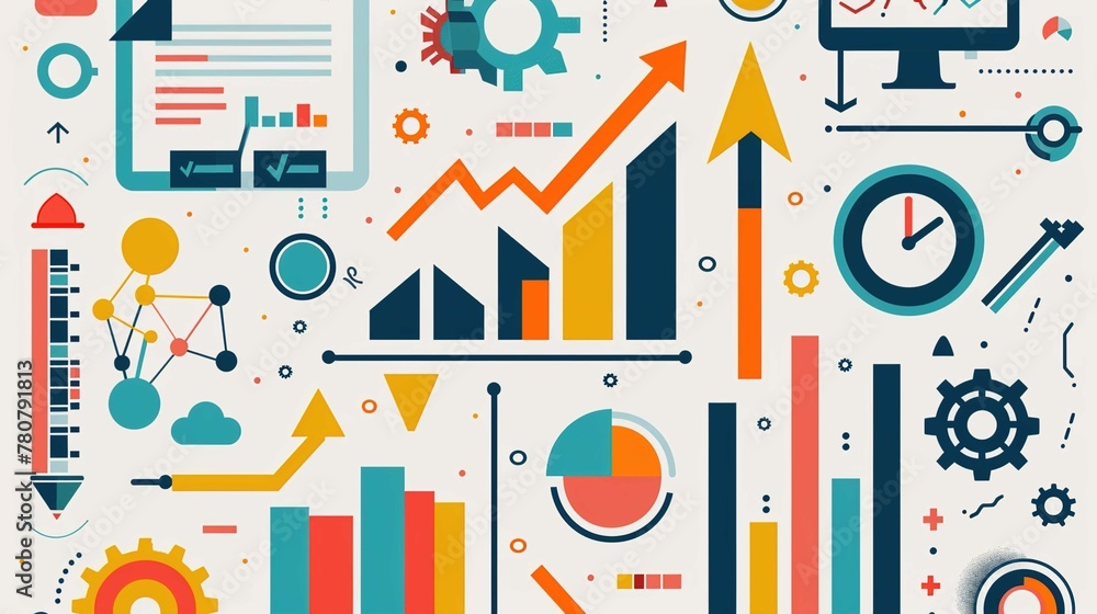 The image features a vibrant and dynamic array of flat design infographics and data visualization elements. Graphs, pie charts, bar graphs, and trend arrows populate the composition, indicating variou The image features a vibrant and dynamic array of flat design infographics and data visualization elements. Graphs, pie charts, bar graphs, and trend arrows populate the composition, indicating variou