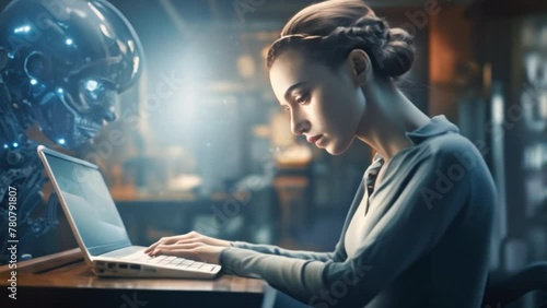  woman is professionally writing an article on the computer with an AI standing next to her to help her come up with creative ideas.  photo