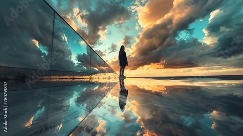 The image features a person from behind, standing on a reflective surface next to a glass barrier, gazing into the distance at a dramatic sunset sky with vibrant clouds, with the sunset and clouds mir photo