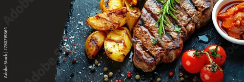 Perfectly Seared and Grilled Steak Dish with Roasted Potatoes and Fresh Tomatoes on a Sophisticated Plate photo