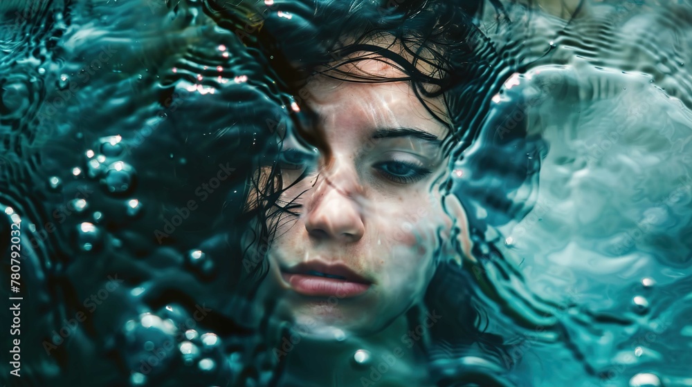 The image shows a close-up of a person’s face partially submerged in water, creating a visual distortion through the water's ripples. The individual appears calm, with their eyes gently open, gazing t The image shows a close-up of a person’s face partially submerged in water, creating a visual distortion through the water's ripples. The individual appears calm, with their eyes gently open, gazing t