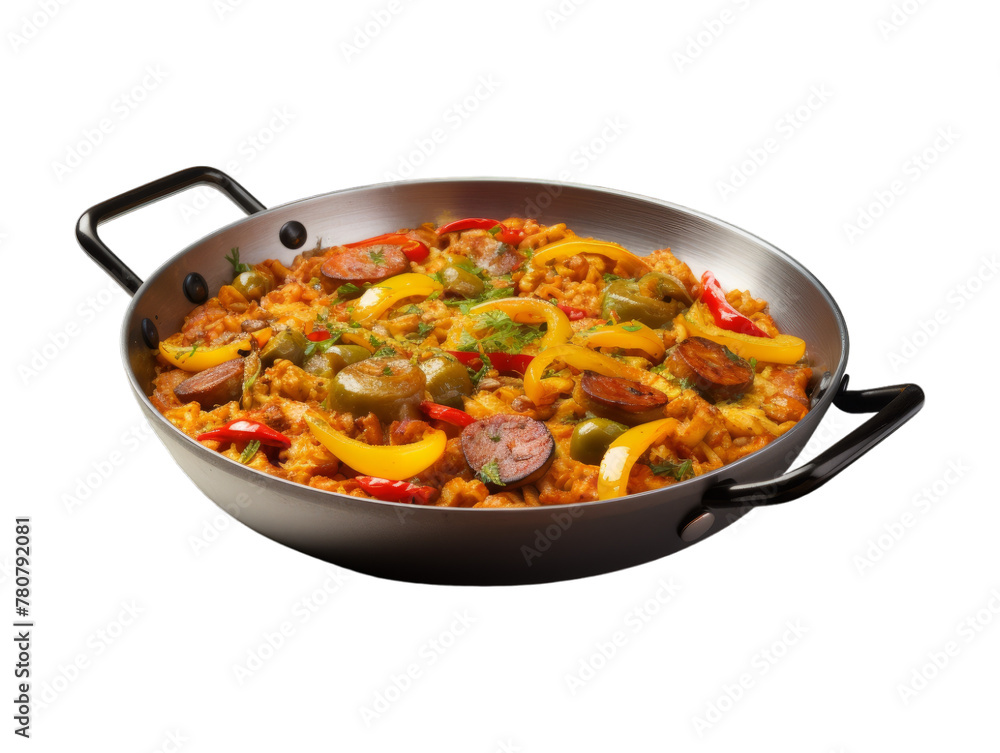 Beef Paella isolated on transparent png background. Generative ai
