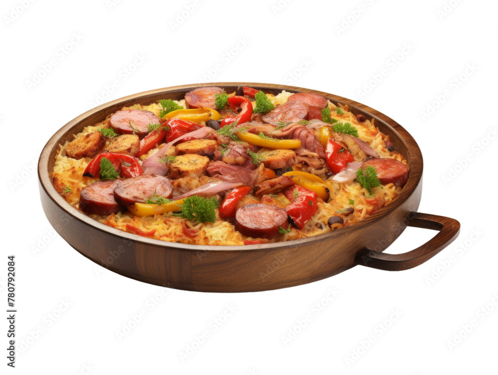 Beef Paella isolated on transparent png background. Generative ai