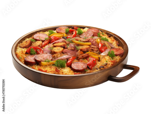 Beef Paella isolated on transparent png background. Generative ai