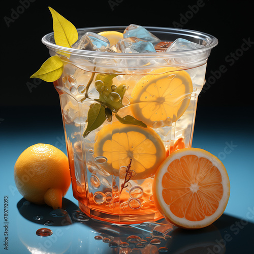 Create a very detailed image by copying the details of this photo that I uploaded, a two-color yellow drink at the bottom and blue at the top in a transparent disposable container glass, a very attrac photo