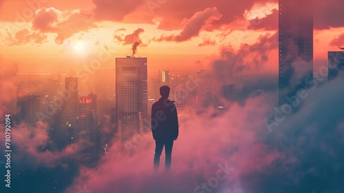 A silhouette of a person stands on a high vantage point, gazing at a cityscape bathed in the warm hues of sunset. Fluffy clouds surround the buildings and the figure, adding to the dreamy atmosphere. 