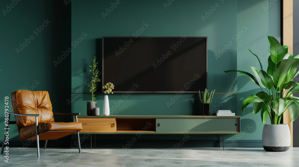 modern living room, dark green, TV on the wall