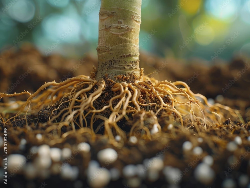 Macro shot of the interaction between a plant's roots and soil ...