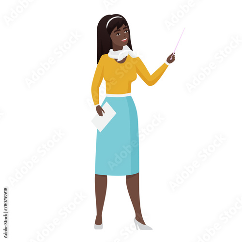 Teacher holding pointer to show and explain to students in class, woman standing vector illustration © lembergvector