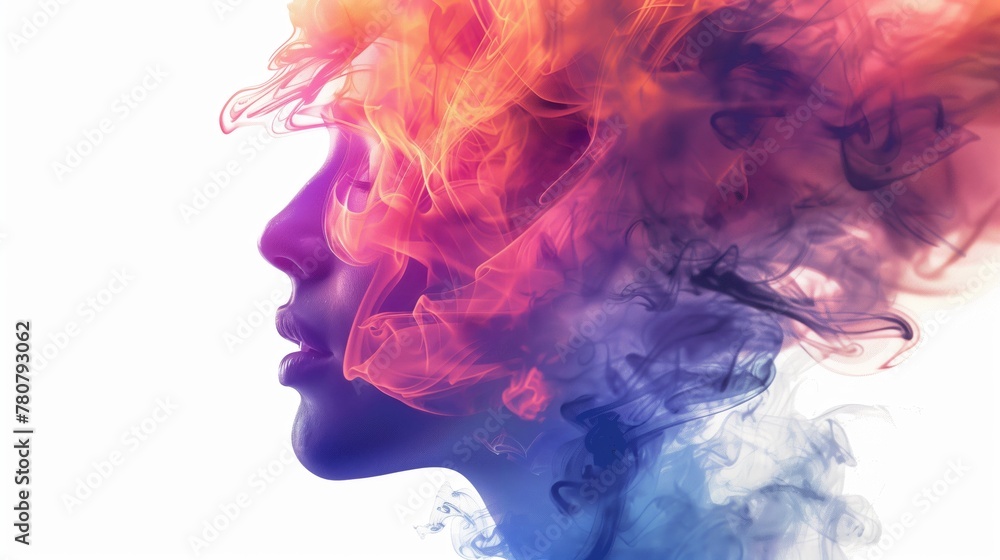 abstract silhouette with colorful smoke design in artistic expression, vibrant smoke trails creating a surreal portrait of imaginative art