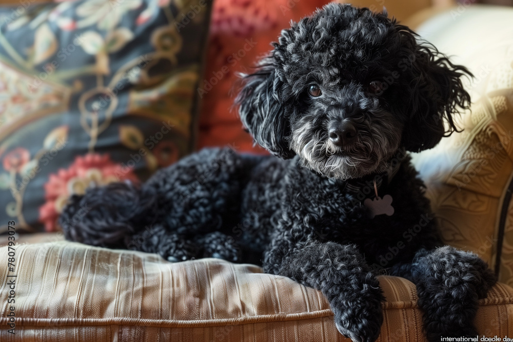 A black, curly-haired doodle dog is lying on a striped cushion of a sofa, surrounded by colorful, patterned pillows A black, curly-haired doodle dog is lying on a striped cushion of a sofa, surrounded by colorful, patterned pillows