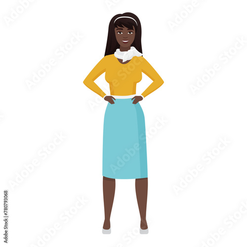 Woman in formal suit standing in confident pose, teacher holding hands on waist vector illustration © lembergvector