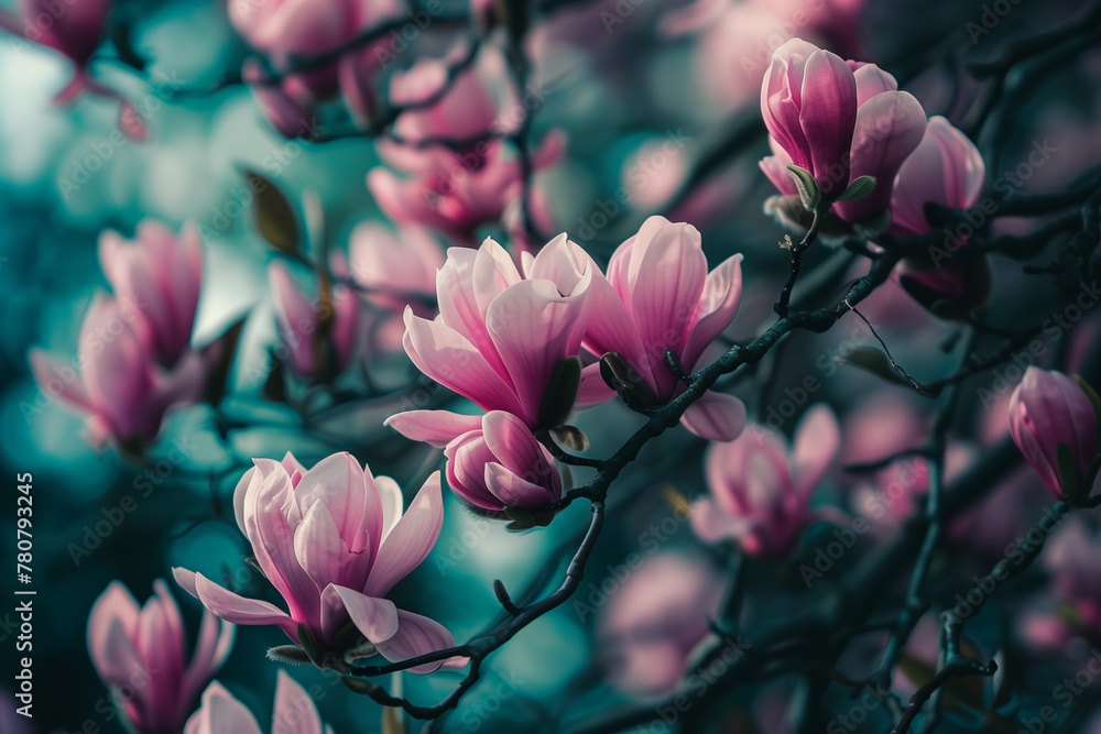 Obraz premium Pink magnolia blossoms against a dark, moody background